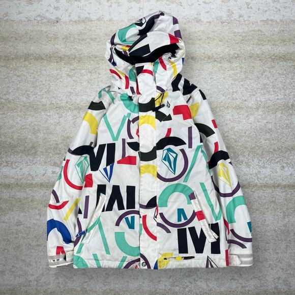Vintage Volcom Puffer Ski Jacket White Multicolor Full Zip Insulated 90s
